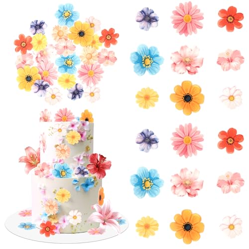Rsstarxi 60 Pack Edible Colorful Flowers Cupcake Toppers Rice Paper Daisy Sunflower Cherry Blossom Cupcake Picks for Spring Summer Baby Shower Wedding Birthday Party Cake Decorations Supplies