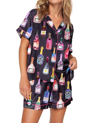 Image of SHESHOW Satin Pajamas for Women Set Preppy Animals Pjs Short Sleeve Shorts 2 Piece Loungewear Sets XS-XXL