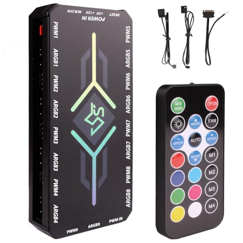 2 in 1 ARGB Fan Hub with Remote Controller, 9-Port 4-Pin PWM Fan Splitter & 9 x 5V 3-Pin ARGB Headers, Magnetic Base PC Hub With RGB Controller for Case Fans, Adjustable Speed, with SATA Power cable
