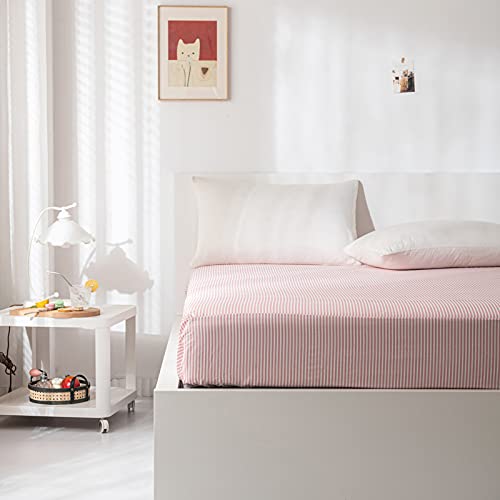 Aojim Pure Cotton Printing Pinstripe Fitted Sheet, 1 Piece Twin Size 39"X75"With 15" Deep Pocket Design Patterns Pink/White Stripes Striola Mattress Cover For Kids/Adults #TOP6