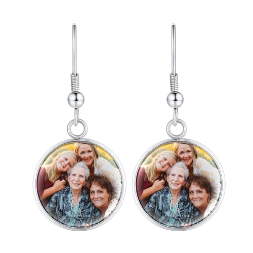 FindChic Customized Photo Dangle Earrings Round/Heart Ear Studs Stainless Steel/18K Gold Plated/Black Personalized Picture Earrings, with Gift Box 01.