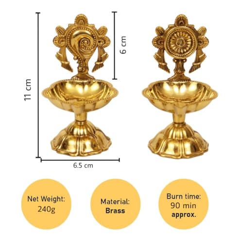 Image of EAC Pure Brass Shanku Chakra Diya, Shanku Chakra Deepalu for Home Temple Office Decor & Diwali Gifting (4.5 inch, Set of 2)