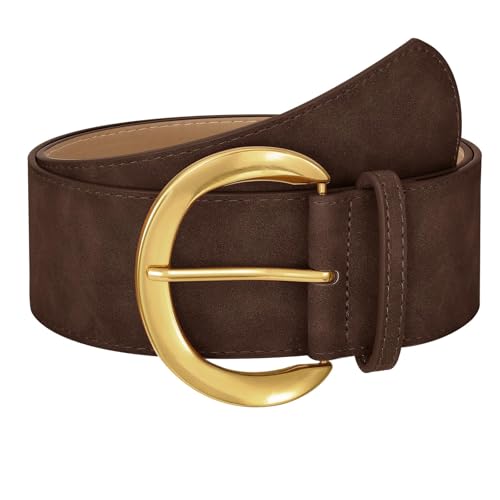 WHIPPY Womens Wide Leather Belt for Dresses Fashion Casual Laides Thick Suede Belt with Gold Buckle Coffee M