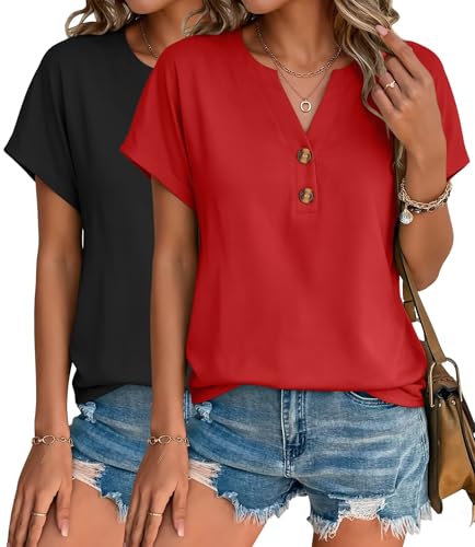INNOVATOP 2 Pack Womens T Shirts V Neck Short Sleeve Henley Tops Work Business Casual Blouses Summer...