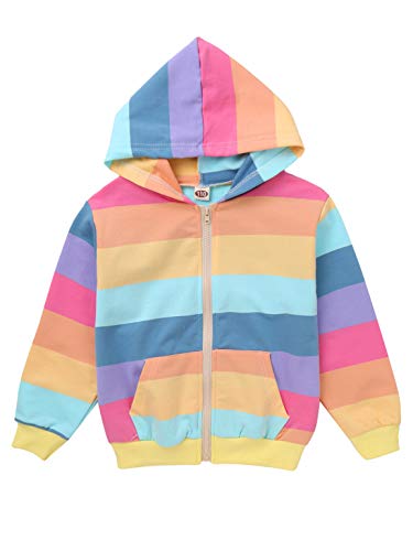 Youth Girls Cotton Jacket Long Sleeve Rainbow Stripe Hooded Zipper Cardigan Coat with Pocket Casual Outwear2