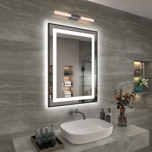 Bed Bath & Beyond KIOTEE Black Metal Frame Front & Back LED Lighted Anti-Fog Tempered Glass Bathroom Vanity Mirror with ETL and 3 Years Warranty 28x20