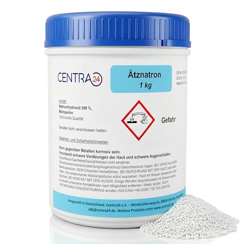 Centra24 Natriumhydroxid, Perlen, 1 KG in Dose, Ätznatron, Laugenperlen, Abbeizen, Lauge, Seife, Reiniger, Kaustisches Soda, NaOH, Seifennatron, Industrie, Labor, Rohrreiniger