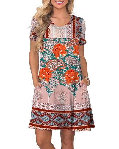 Image of COSSEN Women's Casual T Shirt Dress V-Neck Short Sleeves Swing Dresses Birthday Party Summer Travel Beach with Pocket