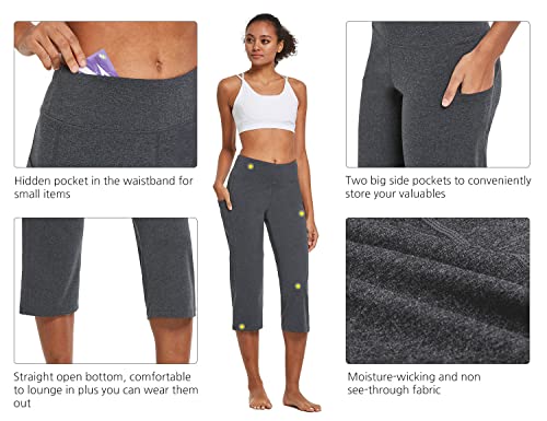 Baleaf Yoga Pants For Women Capris High Waist Leggings With Pockets Wide Leg Exercise Workout Crop Straight Open Bottom Charcoal L #TOP4