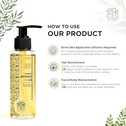 Image of Soul Stories Sweet Almond Oil 100ml | 100% Pure Cold Pressed Oil for Hair, Face & Body | Helps Reduce Dark Circles & Puffiness, Nourish Complexion & Soften Hair | Rich in Vitamin A & Omega