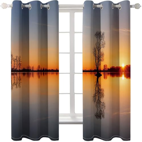 Homxi Cortinas Habitación Modernas 2 Piezas Termicas,2 x 244W x 229H CM,Cortina de Ventana con Ojales Paisaje de Lago y Atardecer Cortina Marrón Naranja para Ventanas Dormitorio