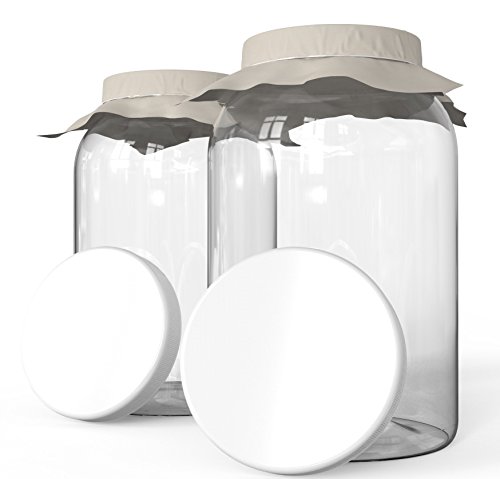 KombuJars Kombucha Jars 1 Gallon Glass Wide Mouth 128oz (2 pack) Brewing Fermenting Fermentation Storage Bottles Container, With Plastic Lids, Cloth Cover, and Bands (2)