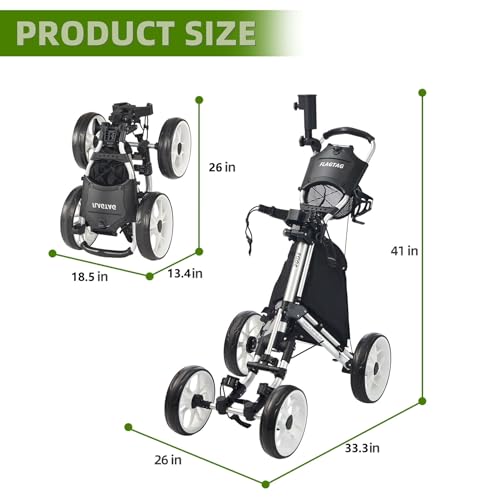 Image of Golf Push Cart 4-Wheels,Folding Golf Cart, Golf Pull cart with Cup Holder,Umbrella Holder,Cooler Bag, Foldable with one-Click,Handle Height Adjustable,Drink Holder,Walking Push cart