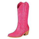  Gicoiz Strass Bottes Cowboy Femme Concert Dancing Pointu Mode Bloc Cheerleaders Genoux Embroiderouge Bottines Rose-Rouge Taille 38 EU-39Cn