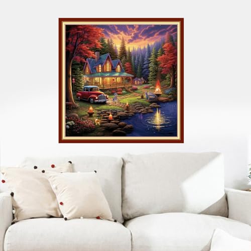 Image of Dooxvey Cross Stitch Kits for Adults Stamped Full Range of Embroidery Starter Kits for Beginners 11CT Printed Cross Stitch Patterns Needlepoint Kits Stamped Crossstitching-Lakeside Home 18x18 inch