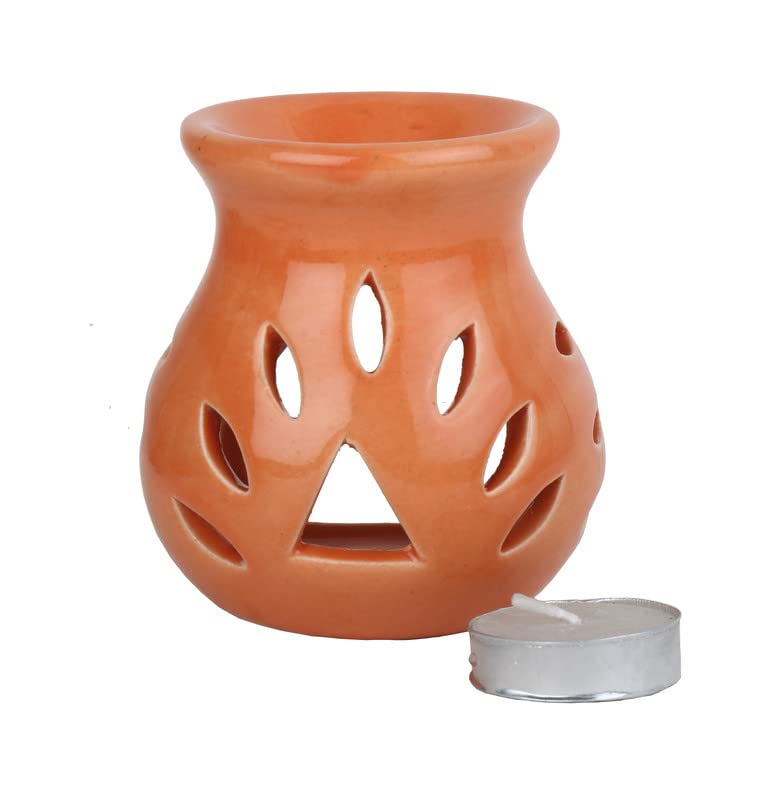 Pure Source India Ceramic Clay Candle Operated Aroma Burner|Oil Diffuser Coming with 1 Tea Candle (Orange ; 9 Cm)