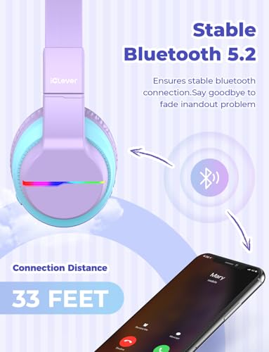 Image of iClever Girls Headphones, Kids Wireless Headphones with 74 /85 /94dB Volume Limited Over Ear, 40H Playtime, Bluetooth 5.0, Kids Headphones with Mic for School /Tablet /PC /Airplane, Purple