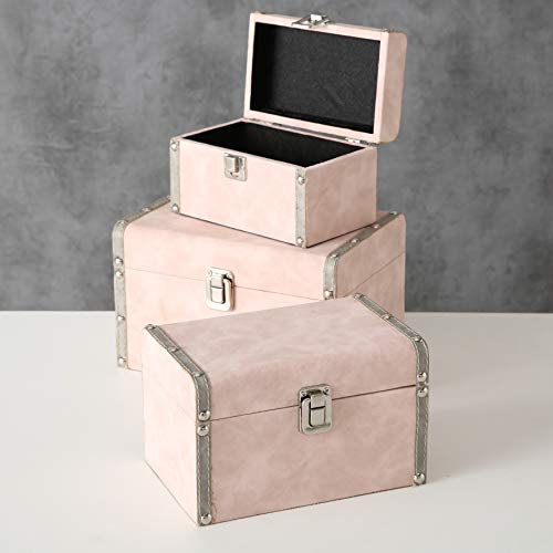 Set Of 3, Pale Pink And Grey Decorative Baby Trunks, Stackable, Faux Suede Over Wood, Silver Metal Hardware, Flip Latch, Studs, White Stitched Details, Fabric Lining, Wood, 9, 7.75, 6.75 Inches #TOP1
