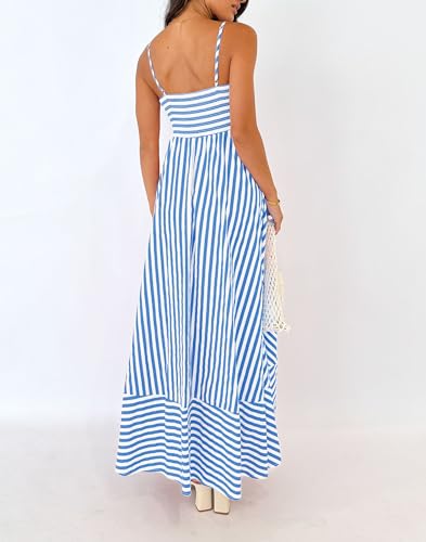 Image of Women Striped Maxi Dress Smocked Backless Spaghetti Strap Long Flowy Dress Sleeveless Boho Aline Sundress