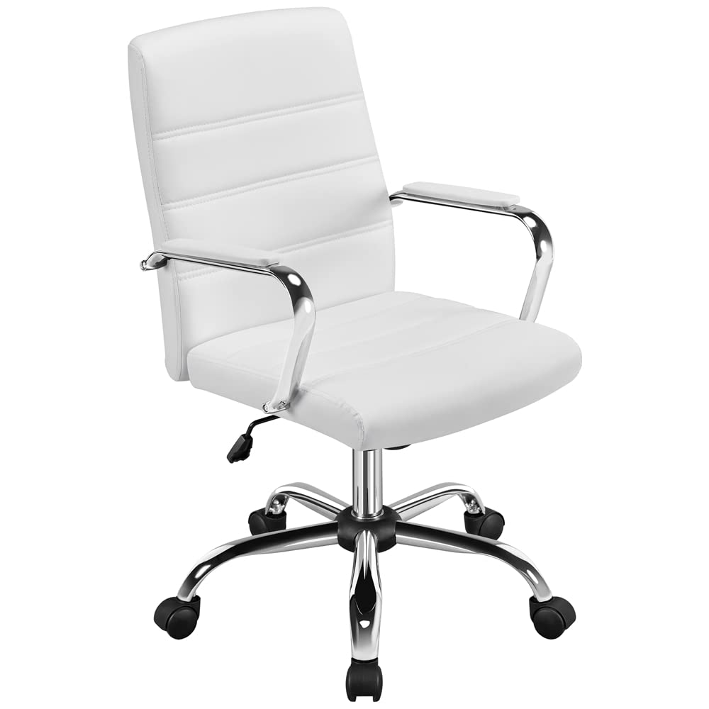 Yaheetech Silla Giratoria de Oficina Sillón de Trabajo con Respaldo Tapizado Asiento Sintético Altura Ajustable Blanco
