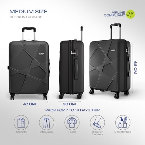 Image of Safari Pentagon Pro 8 Wheels Checkin Trolley Bag, Hard Case Polypropylene 360º Wheeling Luggage for Men & Women, Suitcase for Travel, Black, 66Cm Medium Size