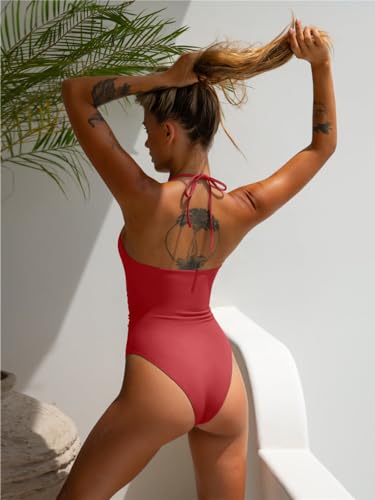 Image of LASLULU Women's One Piece Swimsuits Sexy Halter High Cut Slimming Bathing Suit Tummy Control Swimsuit