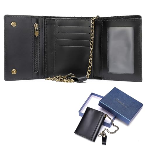 NIUCUNZH Mens Genuine Leather Small Trifold Wallet on Chain with ID Window and Zipper Pocket Black, Rfid Blocking
