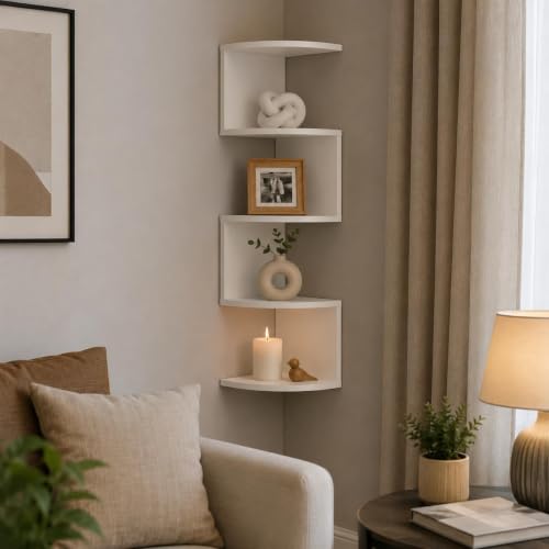 Image of Elcom Corner Wall Mounted Shelf for Living Room | Modern Wooden Corner Rack for Bedroom, Office & Home Decor | Space Saving Floating Display Shelf for Books, Plants, Photos & Decorative Items (White)