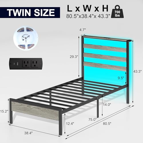 Image of J.Fkne Twin Bed Frame with LED Lights & Charging Station, Metal Platform Bed with Headboard, Heavy Duty Metal Slats, No Box Spring Needed, Noise Free, Easy Assembly