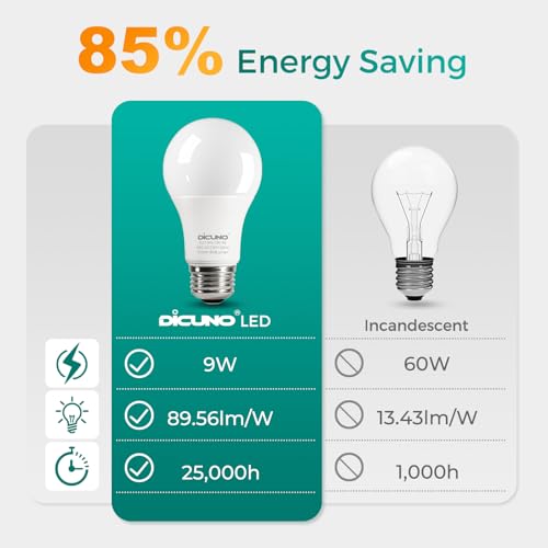 DiCUNO Lampa LED 9 W E27 zastępuje 60 W, 2700 K ciepła biel, 806 lm, A60 matowa żarówka Edisona, CRI 90, kąt świecenia 220°, bez migotania, bez możliwości ściemniania, 230 V lampa energooszczędna, 6