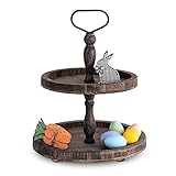 Mustry Rustic Wooden 2 Tiered Tray, Round Farmhouse Kitchen Table Decor Serving Tier Tray, Food Fruits Cupcake Display Coffee Bar Home Party Seasonal Decorations (Brown)