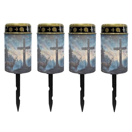 Image of Poceacles 4 Pieces Cross Solar Powered Outdoor Lights Cemetery Solar Candle Solar Memorial Lights Outdoor Waterproof Landscape Lights for Yard Patio Lawn Outdoor Home Decor, Deer Cross Galaxy Blue