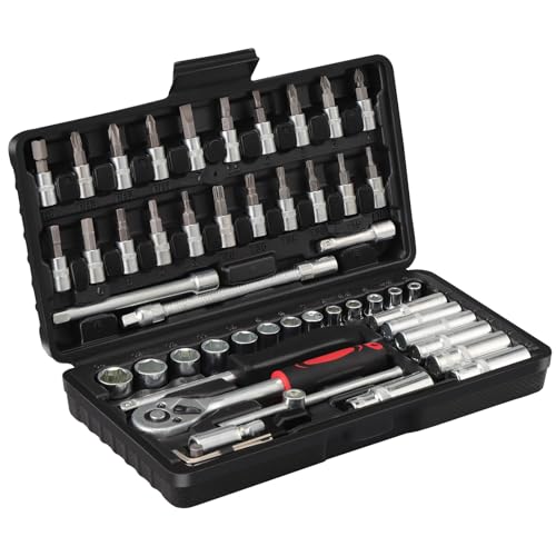 HSEAMALL 53 teiliger Steckschlüsselsatz Ratschenkasten Knarrenkasten Klein 1/4 Zoll Ratschen- und Steckschlüssel-Set für Torx-, Kreuz-, Schlitz- & Innensechskant-Schrauben CR-V Werkzeug-Set
