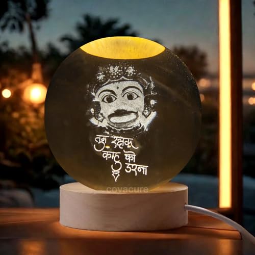 Image of COVACURE 3D Hanuman Crystal Ball Night Lamp, Solar System Kashtbhanjan Hanuman Idol Crystal Ball Night Light, USB Table Colorful LED Wooden Base Lamp for Home, Office, Birthday Gift
