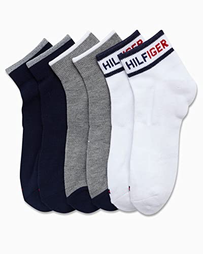 Tommy Hilfiger Boys' Athletic Socks - Performance Cushion Quarter Cut Ankle Socks (6 Pack), Size Medium, White Assorted #TOP2