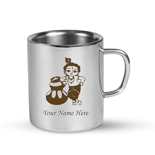 Image of SAVRI Personalized Stainless Steel Mug for Kids with Customized Name Engraved & Cartoon Design | 220 ml Double Wall Insulated Mug for School, Milk, Juice & Water (Krishna)