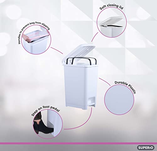 Image of Superio Slim Step On Pedal Plastic Trash Can, Waste Bin for Under Desk, Office, Bedroom, Bathroom, Kitchen (2.5 gal) (White 3 Pack)