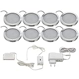 Im Lieferumfang enthalten: 8 x Unterbauleuchten von SEBSON, 16 x Schrauben zur Befestigung, 8 x doppelseitige Klebepads, 1 x IR Sensor, 1 x 12V DC Netzteil.