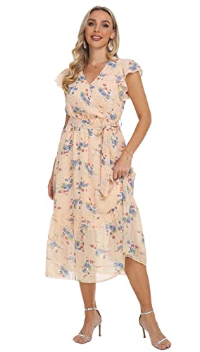 Image of VintageClothing Womens Sundress Casual Floral Summer Boho Dress | Flowy Wrap V Neck Ruffle A-Line Pleated Hem Midi Dresses