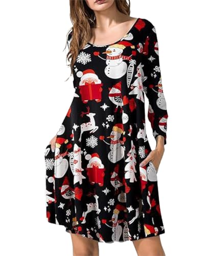 ABINGOO Damen Langärmeliges Weihnachtskleid Casual Rundhals Kleid Rentier Schneeflocken Druck Pulloverkleid Elegante Cocktailparty Weihnachten Kurzes...