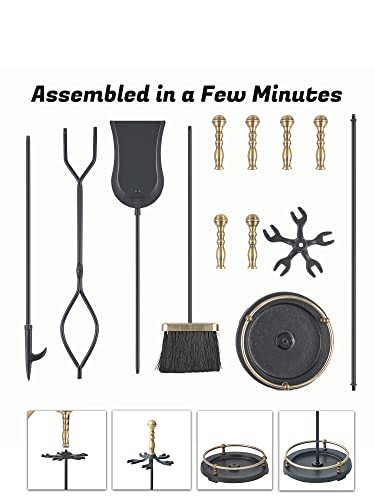 Lichamp Fireplace Tools Set, 5-Pieces Indoor Outdoor Sturdy Fire Place Poker Sets with Retro Gold Handle, FTS45GD