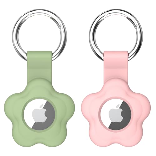 Flower Keychain Holder Compatible with Air Tag, Soft Silicone Tracker Case with Anti-Loss Key Ring for Pets, Keys, Bags (Pink & Green)
