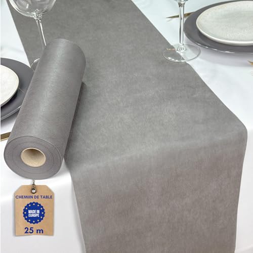 NATUARTE, Chemin de Table Gris Intissé Jetable, Rouleau de Feutrine de 25 mètres x 30 centimètres, Décoration de Table, Tissu Décoration Mariage,...