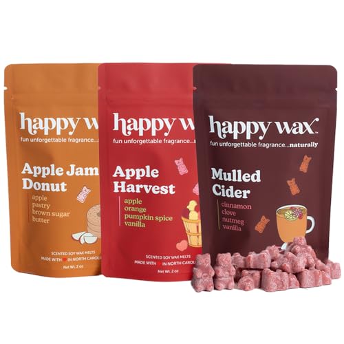 Happy Wax Fall Apple Mix Premium Scented Natural, Non Toxic Soy Wax Melts – 6 Total Oz. of Scented Wax Melts. Includes: Apple Jam Donut, Apple Harvest, Mulled Cider