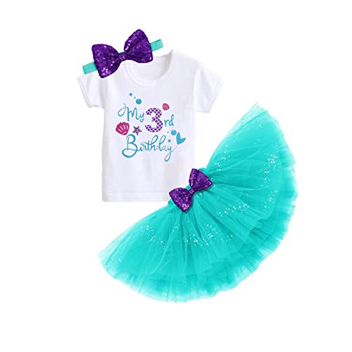 OBEEII Disfraz de Tercer Cumpleaños de Sirena para Recién Nacidas Niñas Princesa Top de Mangas Voladoras Lentejuelas Falda de Tutú de Lunares Y Diadema 3 Piezas Verde04 3 Años Cover