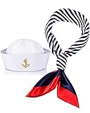 Geyoga Sailor Hat and Scarf Set for Halloween Women Men Outfit with White Sailor Cap Captain Hat Scarf for Costume Accessory(Vintage Style)