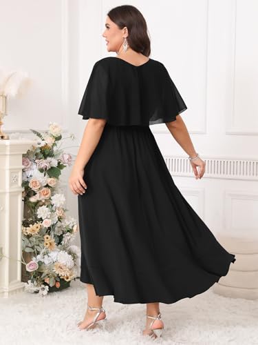 Image of Women Plus Size Long Formal Dress Short Sleeve Chiffon Ruffle V Neck High Low Split Wedding Guest Maxi Dresses
