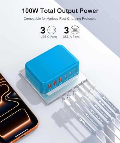 Image of Fast Charger Block, GaN 6 Port USB C Charging Station Hub Cube, 100W Multiport Type C Wall Charger Power Strip Plug with PD+QC for iPhone 16 15 14 13 12 1 Pro Max XR XS 8 7, Samsun.g, iPad, Table