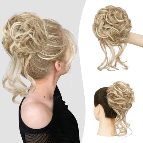 Sofeiyan Messy Bun Hair Piece Curly Wavy Hair Bun Extensions Synthetic Tousled Updo with Tendrils Hairpieces Bun Donut Accessories Scrunchies for Women Light Ash Brown Mix Bleach Blonde