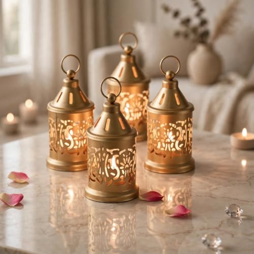 Image of Nutech Decor Hanging Metal Candle & Tealight Holder Lantern Set With LED Candle - Decorative Golden Vintage Lanterns for Home, Living Room, Dining Table, Balcony, Garden & Festival Gifting (Pack of 5)